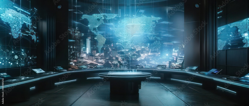 Poster hightech control center with holographic projections of a digital city map and clear space for text