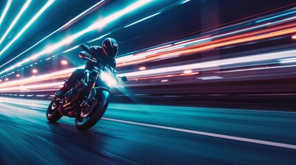 Obraz premium Motorcycle Rider Under Neon City Lights