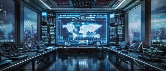 Obraz premium Hightech digital command center overseeing smart city operations with plenty of room for copy