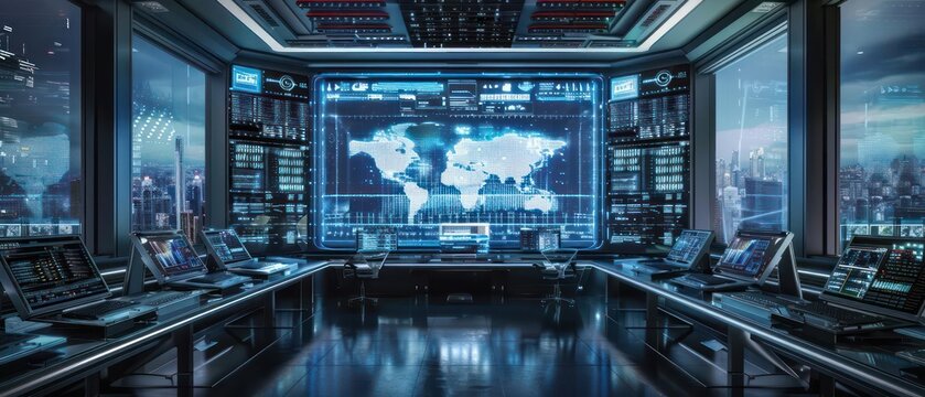 Hightech digital command center overseeing smart city operations with plenty of room for copy