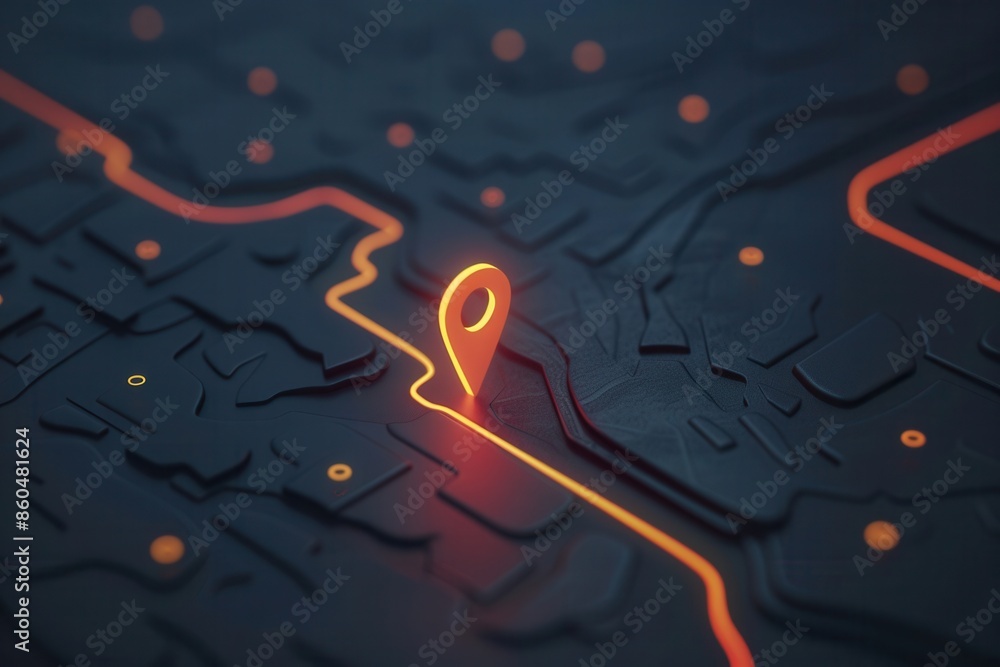 Poster a sleek, minimalistic image featuring a glowing location pin on a black map with orange lines. perfe