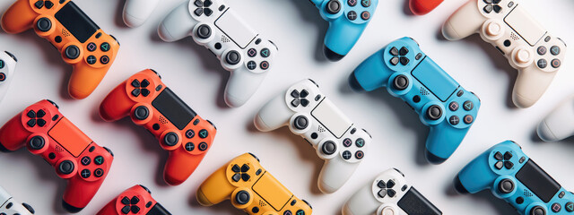 Colorful collection of game controllers arranged in a pattern. A vibrant celebration of gaming culture. National Video Games Day.