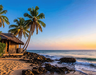 Serene Beachfront Hut with Palm Trees and Ocean View at Sunset