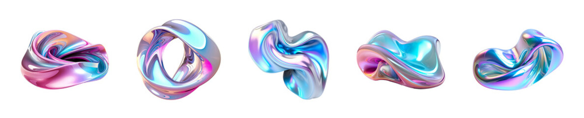3d fluid abstract metallic holographic colored shape png set on transparent background
