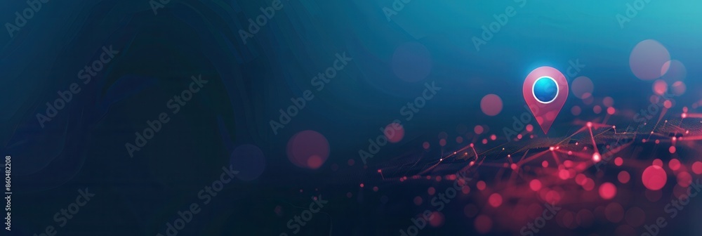 Poster A minimalistic and sleek image featuring a glowing location pin on an abstract network background, perfect for navigation apps and travel services. Generative AI
