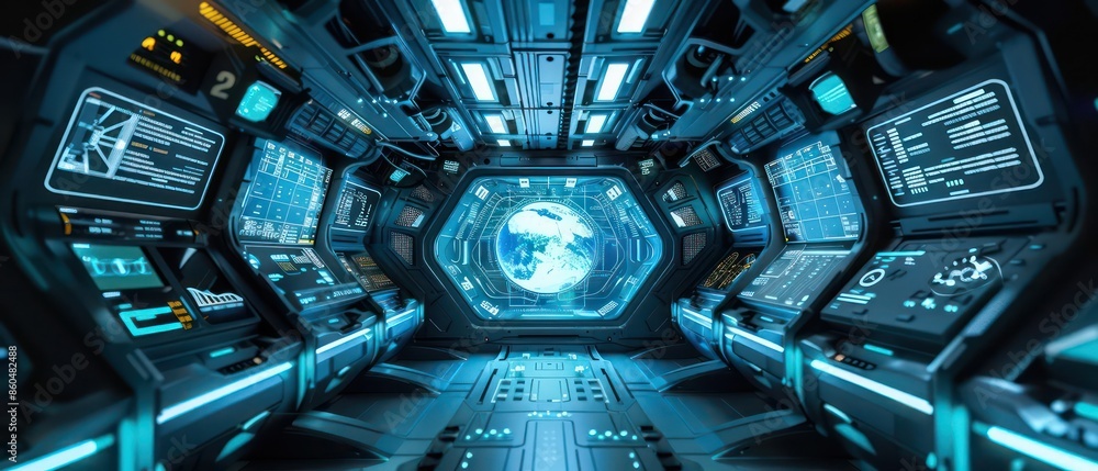 Poster hightech holographic communication system in a futuristic space transport vehicle with plenty of spa