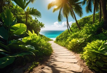 tranquil seaside trail through vibrant tropical flora, beach, path, plants, lush, greenery, serene, isolated, peaceful, coastal, exotic, secluded, hidden