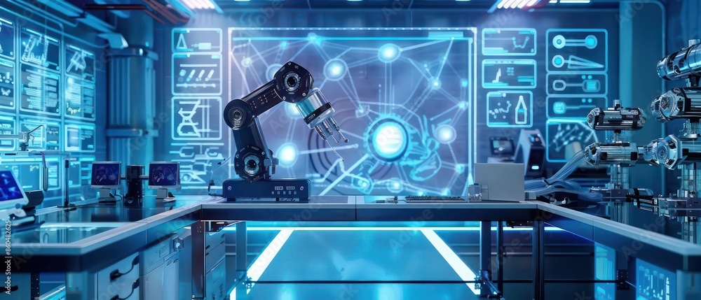 Poster hightech lab with holographic projections of animal robot schematics and clear space for text