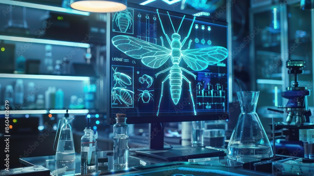 Poster hightech lab with holographic projections of animal robot schematics and clear space for text