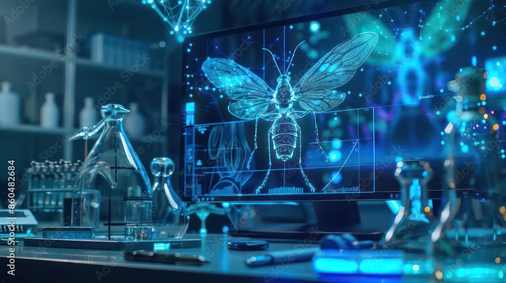 Poster hightech lab with holographic projections of animal robot schematics and clear space for text