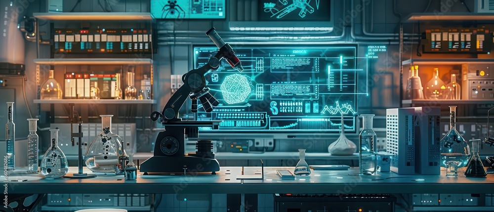 Poster hightech lab with holographic projections of animal robot schematics and clear space for text