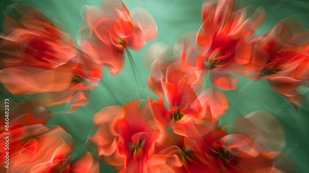 Fototapete whirling abstract pattern of red flowers with a blurred motion effect against a green background : g