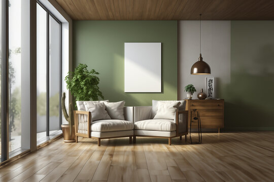 Interior of a room with armchairs in front of a large window and a blank fframe on the wall. Generative ai image.