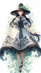 Stylized Anime Character in a Floral Dress with a Hat and Veil, Surrounded by Green Leaves and Floral Patterns