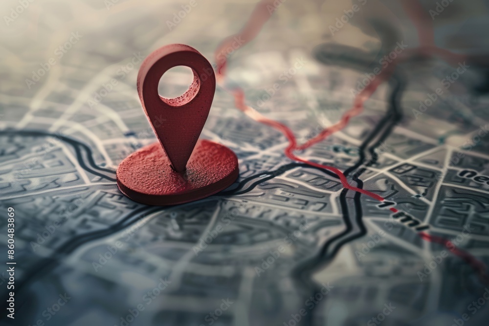 Poster A close-up of a red location pin placed on a modern map with a red route. Minimalist and sleek, perfect for navigation apps and travel services. Generative AI