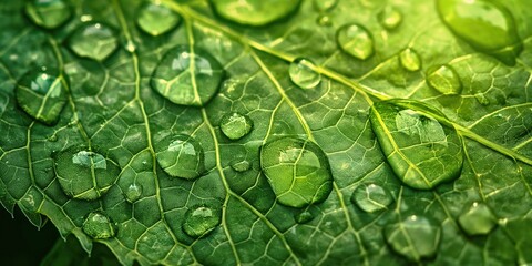 Close-Up of Green Leaf with Water Droplets. Fresh Leaf Texture with Dew Drops