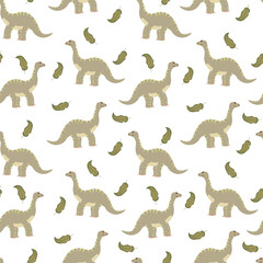 Cute children dinosaur seamless pattern. Diplodocus with smile, illustration for kids, wildlife prehistoric animal. Flat vector design isolated on white background.