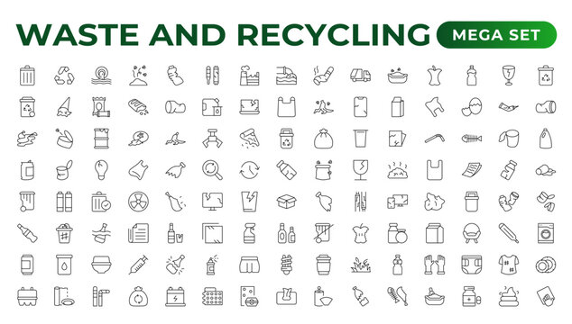 Set of Waste and Recycling line icons. Garbage, Trash, separation, and waste recycling Linear icon collection.
