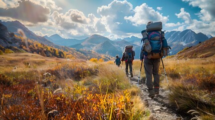 Adventure ideas for hiking trails with friends. Three hikers with backpacks, backpacks full of snacks and water bottles on scenic mountain path with golden foliage. National Mountain Climbing Day
