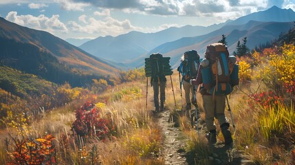 Adventure ideas for hiking trails with friends. Three hikers with backpacks, backpacks full of snacks and water bottles on scenic mountain path with golden foliage. National Mountain Climbing Day
