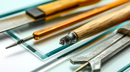 Fototapeta premium Glass cutting tools for customizing glass panels to fit specific vehicles isolated on white background