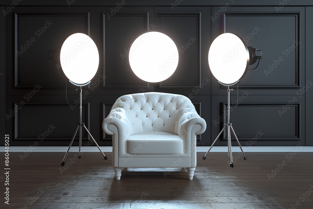 Wall mural photo studio with light reflectors, armchair, and softbox