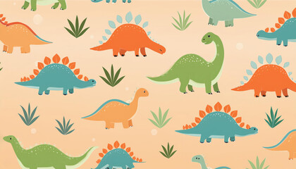 Fototapeta premium Colorful boho style dinosaurs seamless pattern on beige background. Backgrounds, textures, wallpapers, banners, covers