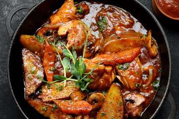 Stewed potatoes with sauce, mushrooms and vegetables