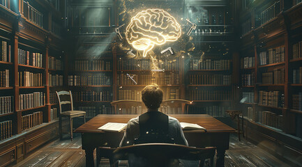 In an elegant library, a man sits at a grand wooden table, surrounded by books. A glowing brain hovers above him, with radiant keys unlocking the chains around it. Generative AI.