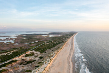 Aerial View of Cape Hatteras National Seashore Looking North Towards the Bodie Island Lighthouse in the Outer Banks North Carolina