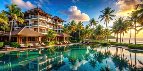 Luxurious resort hotel in a tropical paradise setting, luxury, vacation, accommodation, beachfront,...