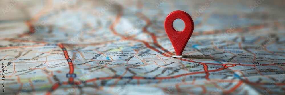 Poster a close-up shot of a red location pin marking a specific point on a detailed city map. generative ai