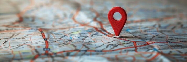 A close-up shot of a red location pin marking a specific point on a detailed city map. Generative AI