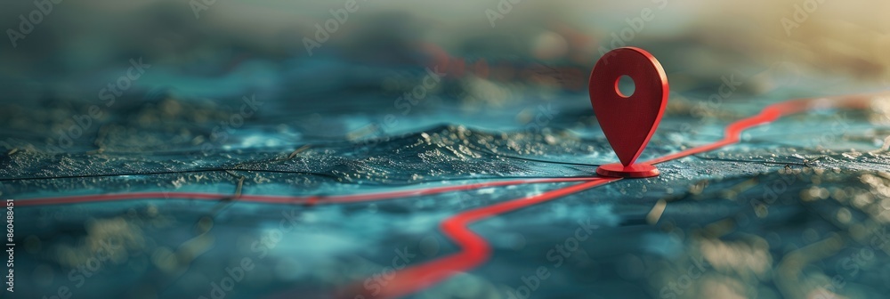 Poster a close-up shot of a red location pin on a detailed 3d map with a red path leading to it. the image 