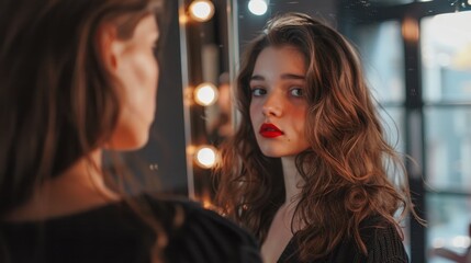 International Beauty Day. the girl in front of the mirror. A beautiful girl. the girl in front of the mirror
