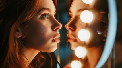 Fototapeta premium International Beauty Day. the girl in front of the mirror. A beautiful girl. the girl in front of the mirror