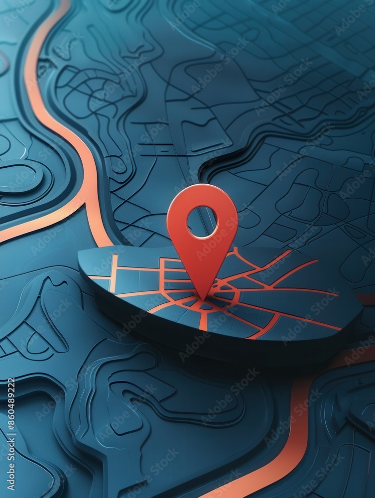 Poster a modern, minimalist image featuring a red location pin on a blue 3d map. this sleek design is ideal