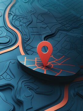 A modern, minimalist image featuring a red location pin on a blue 3D map. This sleek design is ideal for navigation apps and travel services. Generative AI