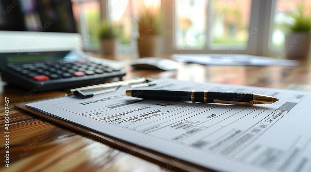 Aufkleber A desk with an invoice form, a pen resting on top, ready to be filled out with details of a pending service transaction. A calculator and folders sit nearby. Generative AI.