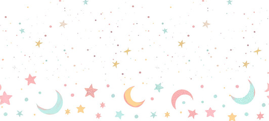 Watercolor Pastel Stars Moons Border Seamless horizontally Transparent PNG background Pattern: baby shower, greeting card