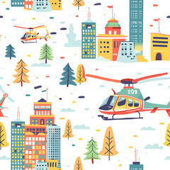 Fototapeta premium Cute Helicopter Cityscape Pattern
