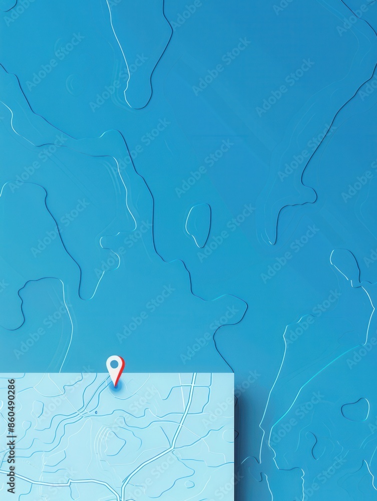 Poster A minimalistic and sleek image featuring a red and white location pin on a blue map background, perfect for navigation apps and travel services. Generative AI