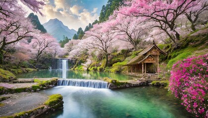 A beautiful paradise land full of flowers, sakura trees, rivers and waterfalls, a blooming and magical idyllic Eden garden illustration