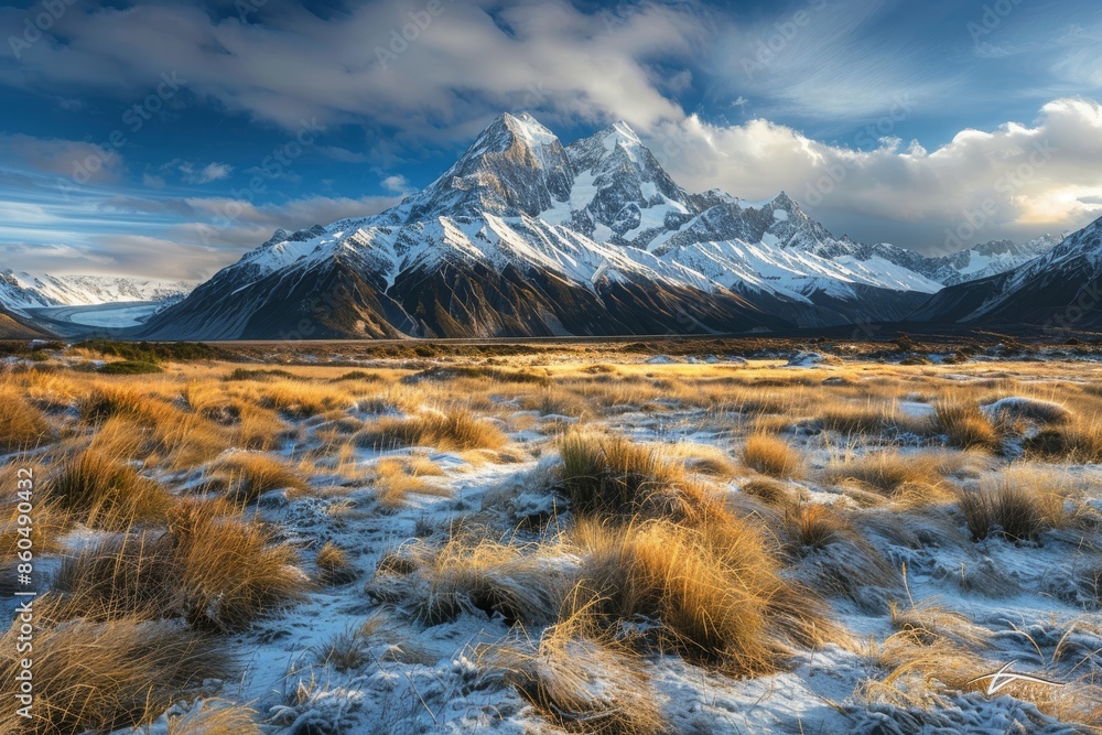 Wall mural Snowy Mountain Range with Golden Grass in Foreground