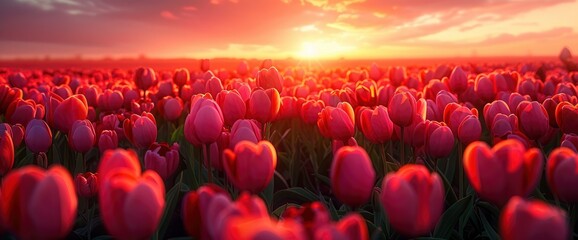 Tulip Field During Sunrise, Capturing The Vibrant And Serene Beauty Of The Landscape