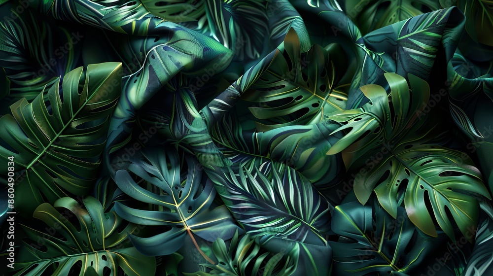 Poster beautiful fabric with a tropical leaf print. it's a seamless repeating pattern that you can use to c