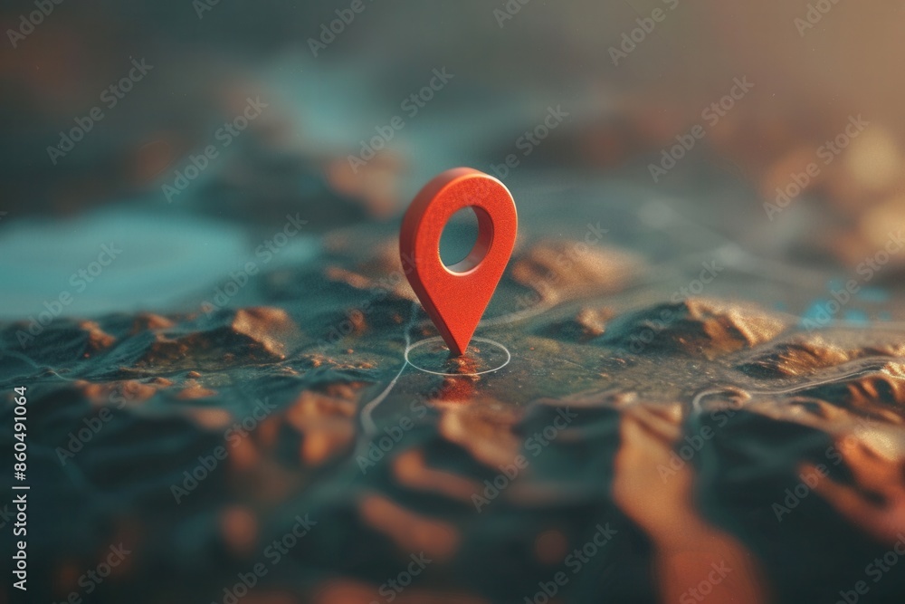 Leinwandbilder A close-up of a red location pin on a detailed 3D map, with a soft-focus background. Generative AI