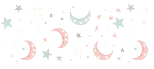 Watercolor Pastel Stars Moons Border Seamless horizontally Transparent PNG background Pattern: baby shower, greeting card