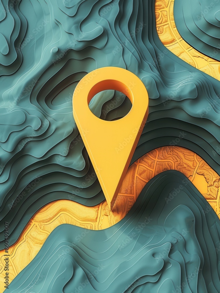 Poster a minimal and sleek depiction of a yellow location pin on an abstract topographical map featuring te