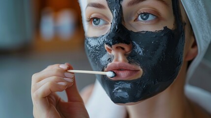 A young woman with light skin is using a cotton swab to remove a black face mask from her lips. She is wrapped in a towel.